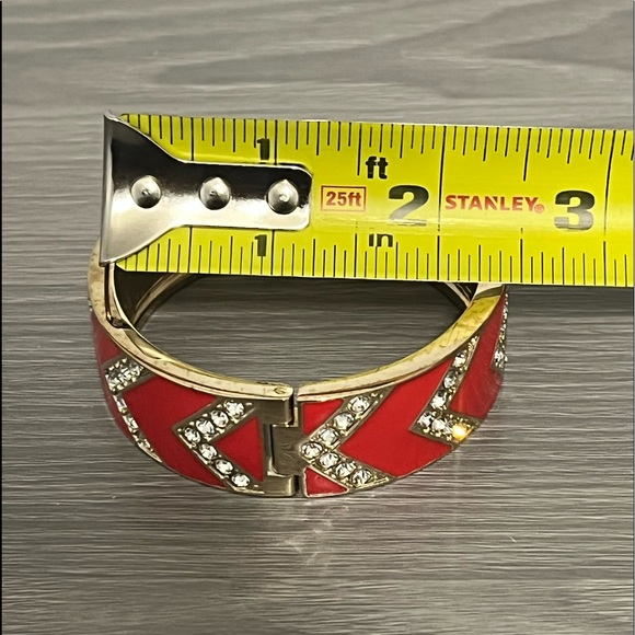 Ann Taylor Gold & Enamel Bangle Bracelet, Red Pink with CZ Diamonds, Chevron - Picture 7 of 7